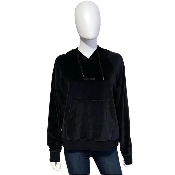 Brunette The Label BLONDE Embroidered Velour Hoodie in Black. Size Medium. - Picture 2 of 7